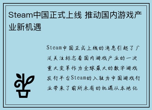 Steam中国正式上线 推动国内游戏产业新机遇
